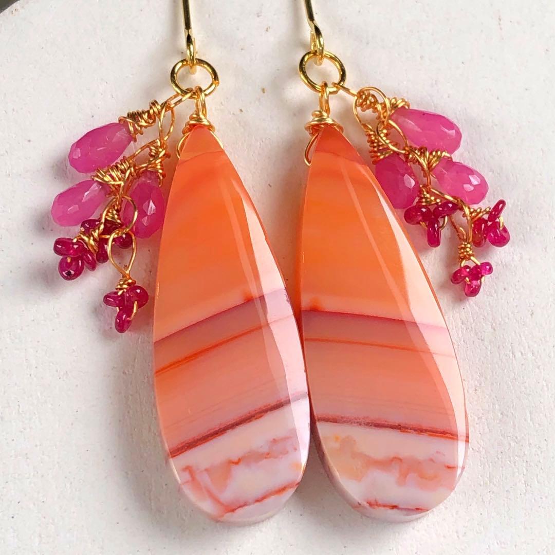 天然石☆ピンクストライプバンデッドアゲート×ロンギド産ルビーのピアス14kgf