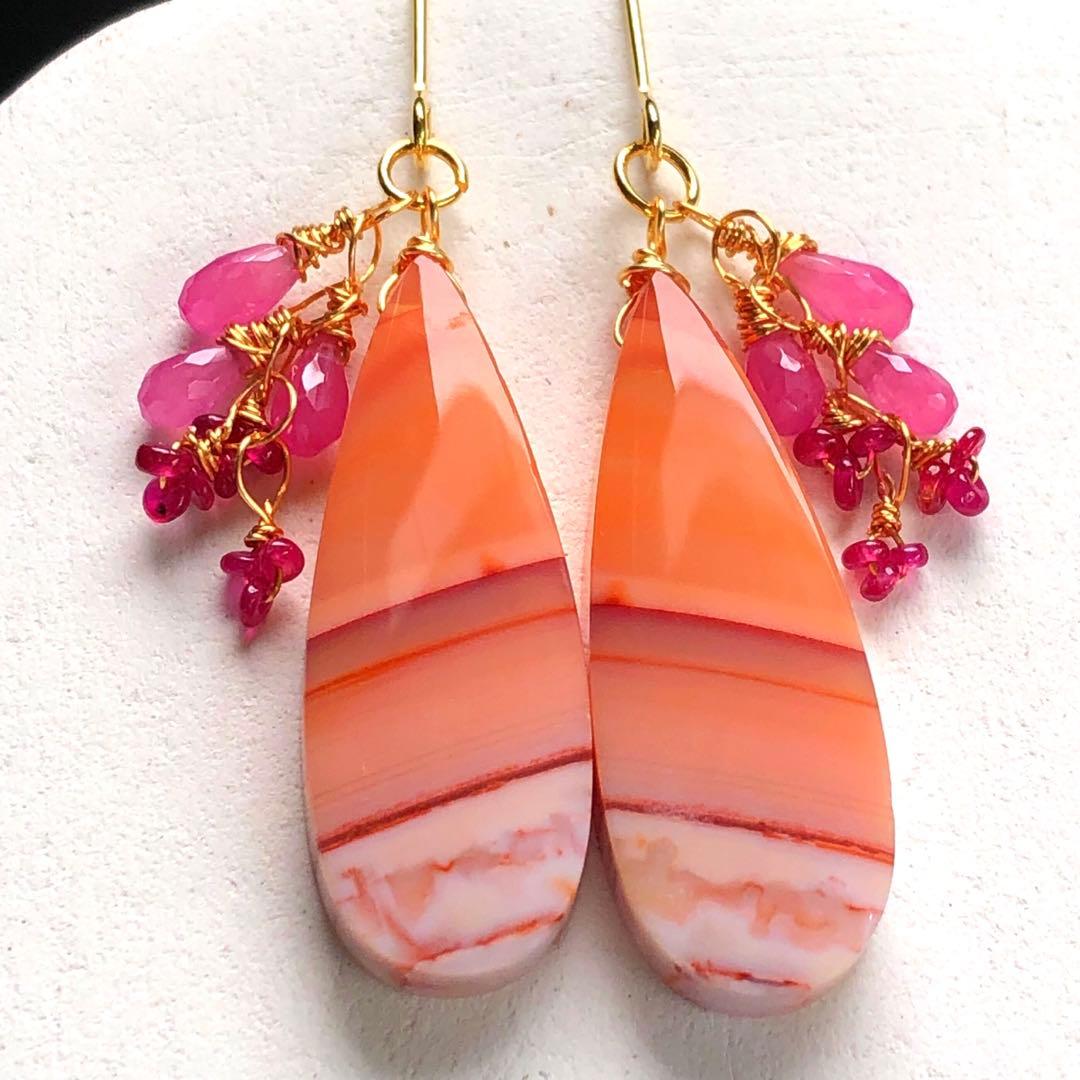 天然石☆ピンクストライプバンデッドアゲート×ロンギド産ルビーのピアス14kgf