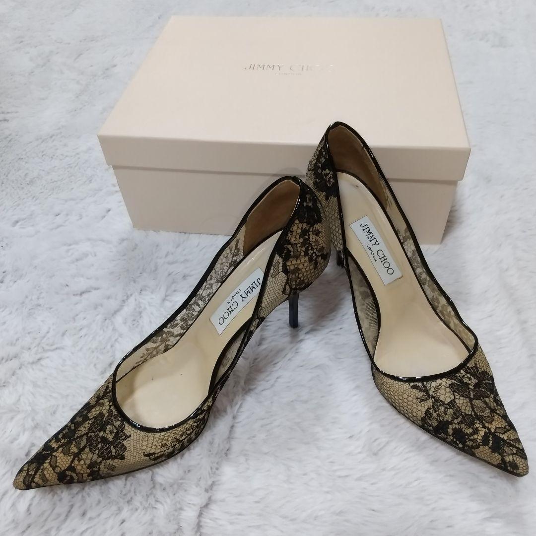 JIMMY CHOO 39．5　レース　ブラック　ポインテッドトゥ　パンプス