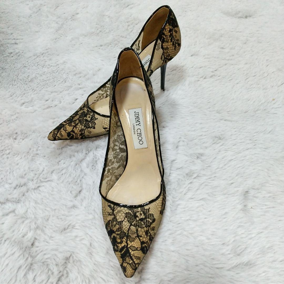 JIMMY CHOO 39．5　レース　ブラック　ポインテッドトゥ　パンプス