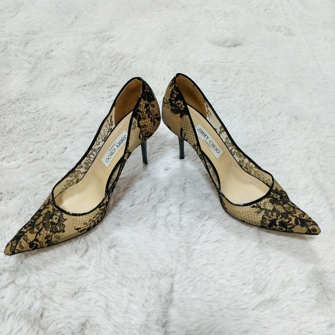 JIMMY CHOO 39．5　レース　ブラック　ポインテッドトゥ　パンプス