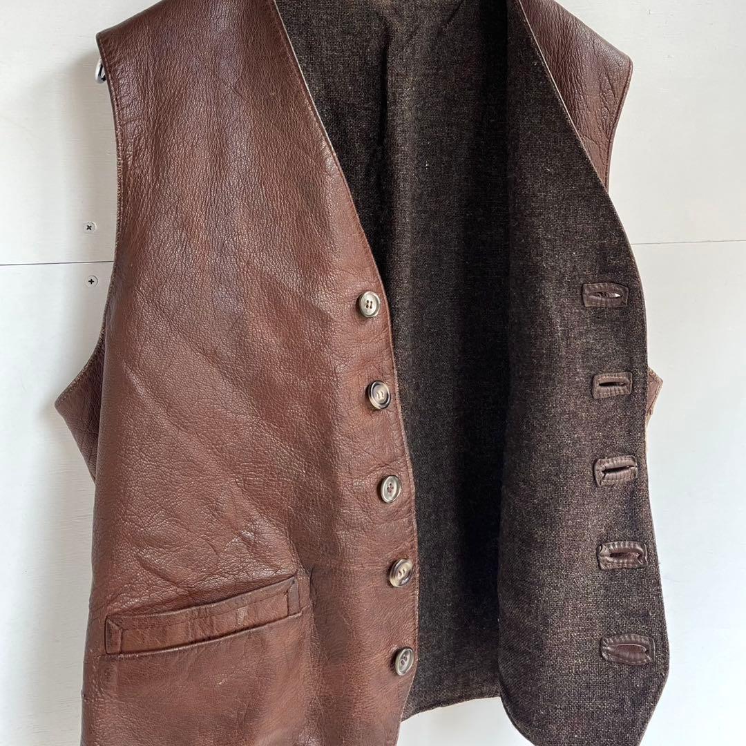 60s 70s ユーロ レザーベスト ヴィンテージレザー ヨーロッパ 古着 茶