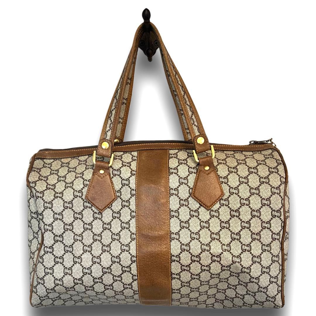 オールドグッチ グッチプラス GGスプリーム ロゴ金具 ボストンバッグ ブラウン