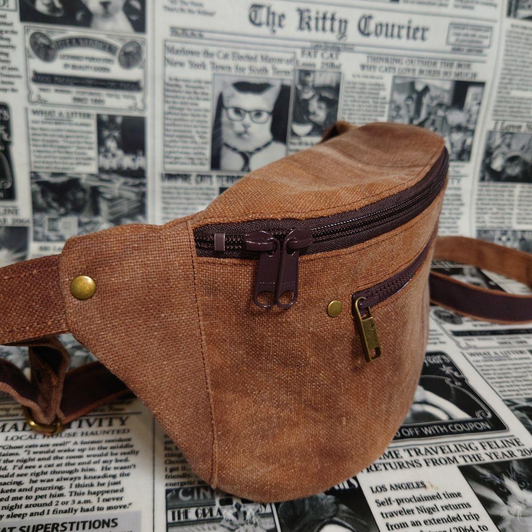 ☬酒袋リメイク☬ボディバッグ/縫い付けショルダー付/柿渋染め/古布/襤褸