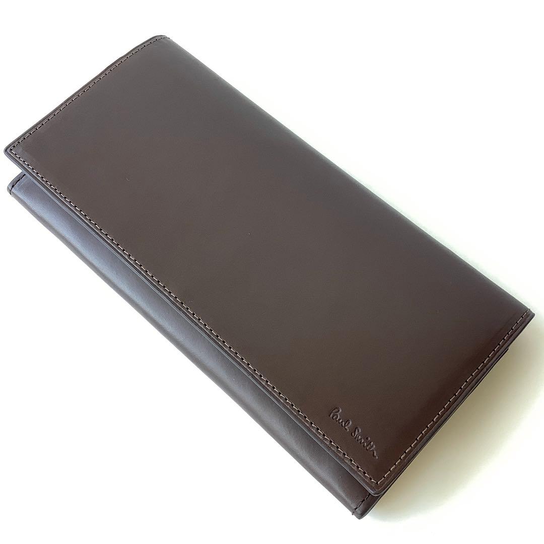 新品★ポールスミス★ベジタンストライプトリムかぶせ長財布★ダークブラウン茶