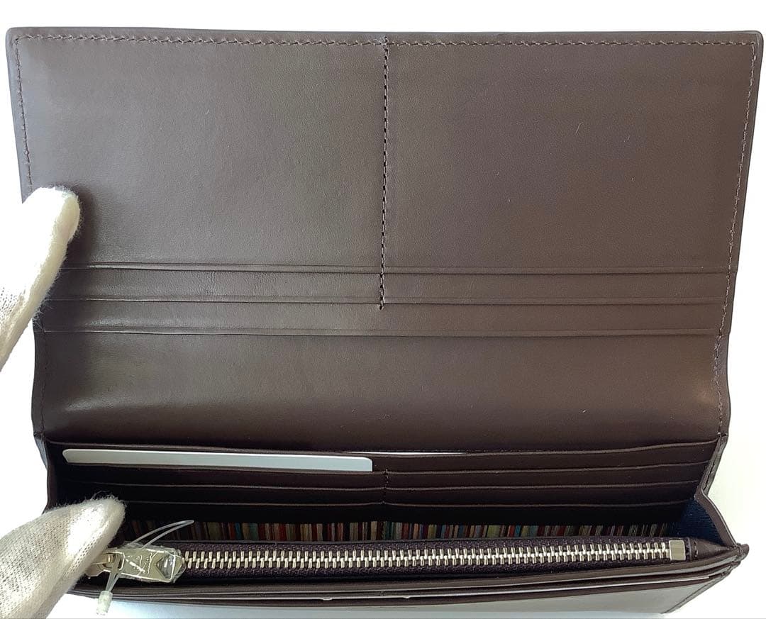 新品★ポールスミス★ベジタンストライプトリムかぶせ長財布★ダークブラウン茶