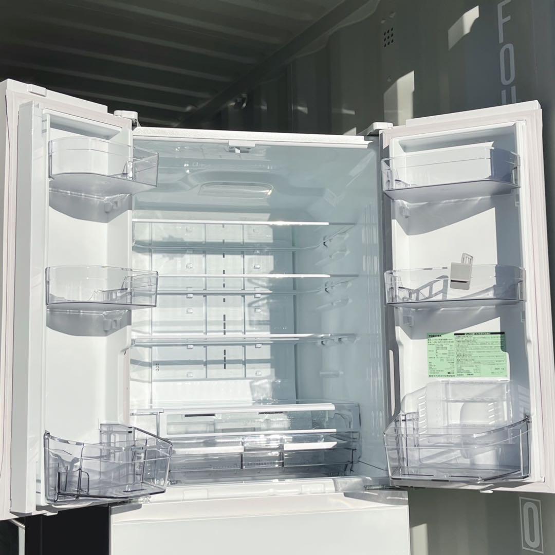 取付無料！東芝速鮮チルド搭載自動製氷おしゃれホワイトガラス6ドア冷蔵庫！洗濯機