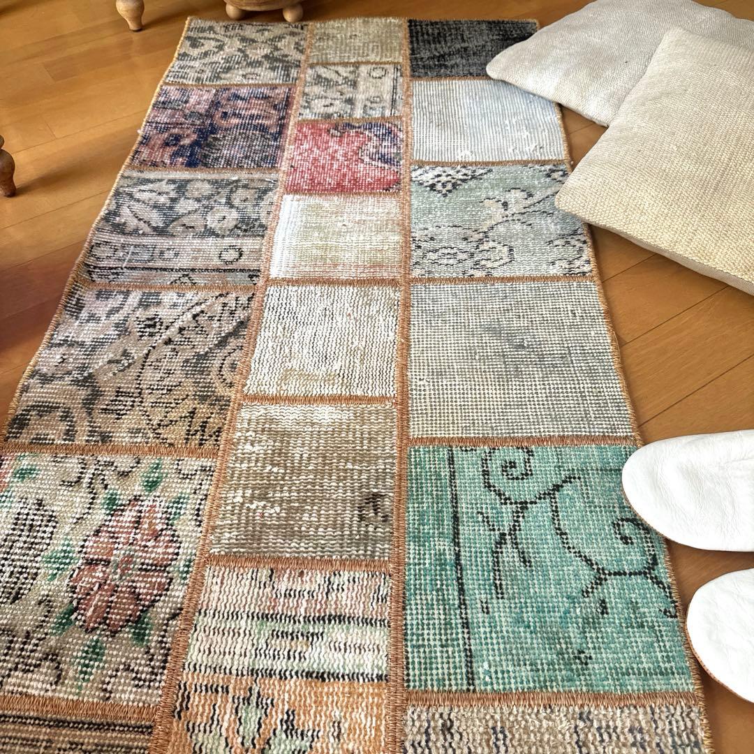 56×122 ブラウンステッチ　パッチワークラグ　トルコヴィンテージラグ