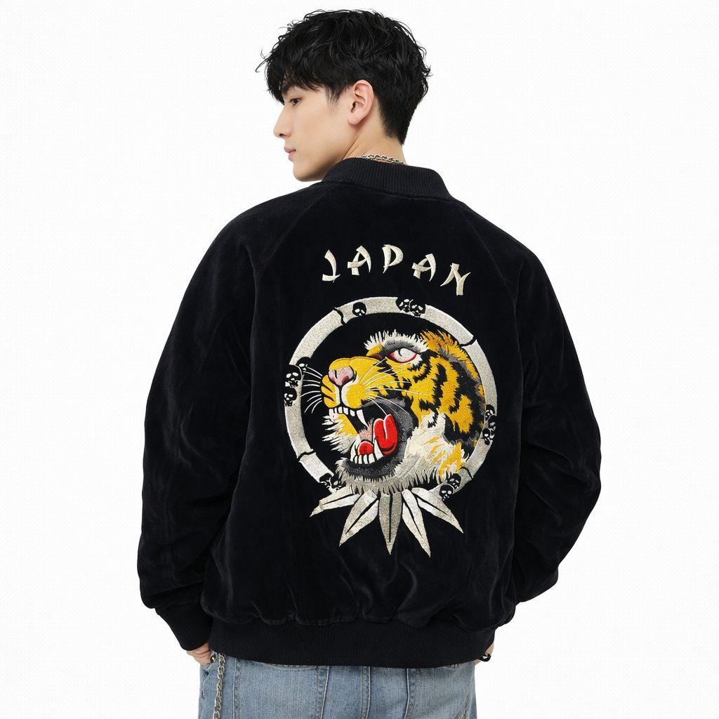 【刺繍虎 和柄】クロップドヘッズ 別珍 スカジャン XL