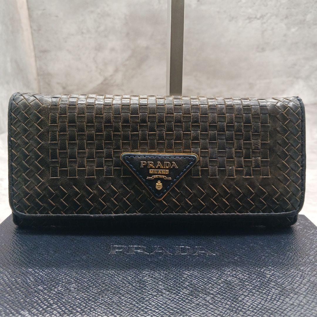 ✨美品✨ プラダ マドラス 編み込み 三角ロゴ レザー Wホック フラップ長財布