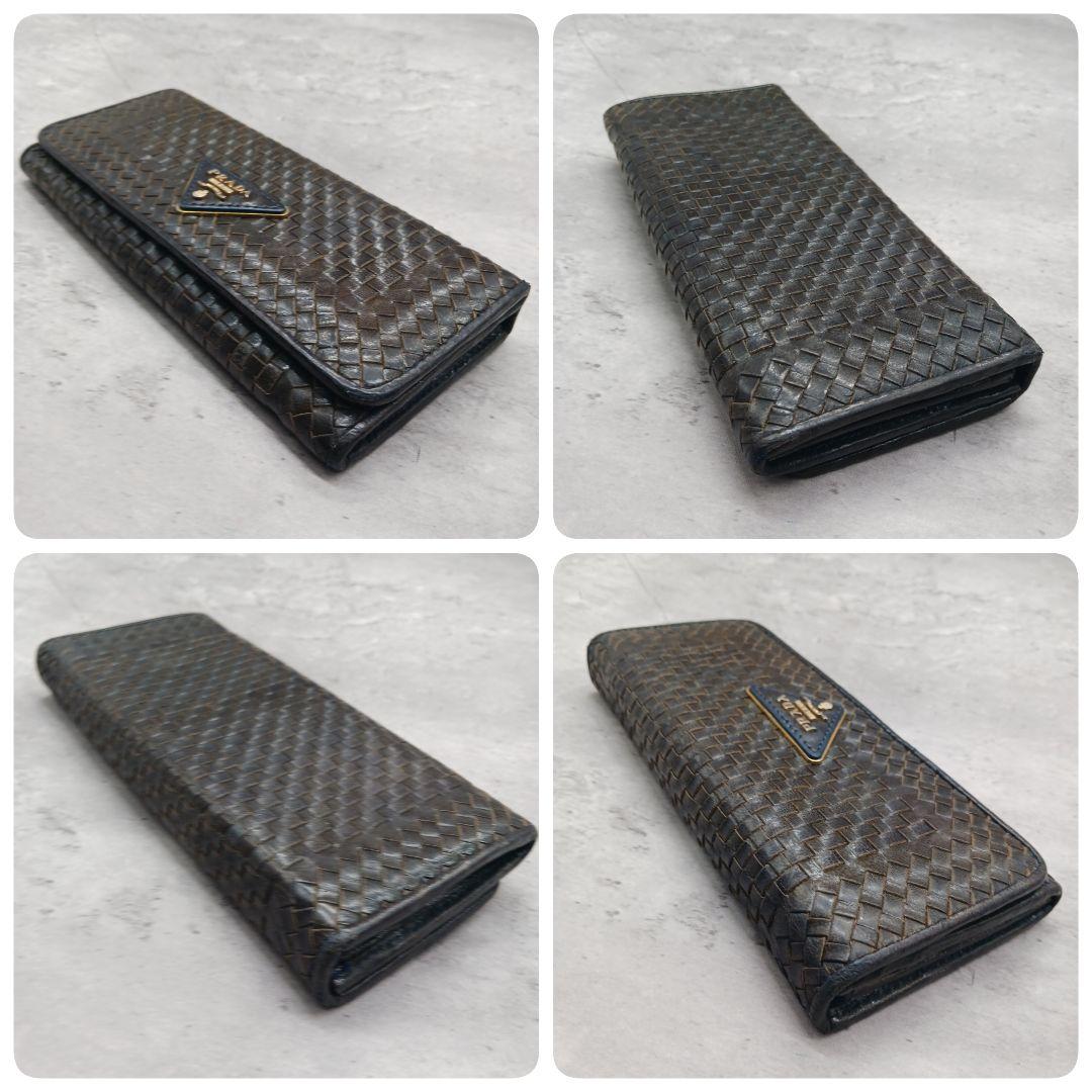 ✨美品✨ プラダ マドラス 編み込み 三角ロゴ レザー Wホック フラップ長財布