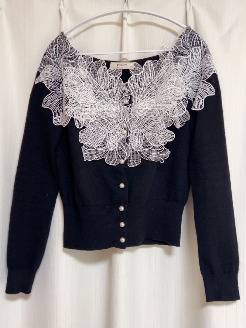 polaura ポローラ レースフリルカーディガン ブラック