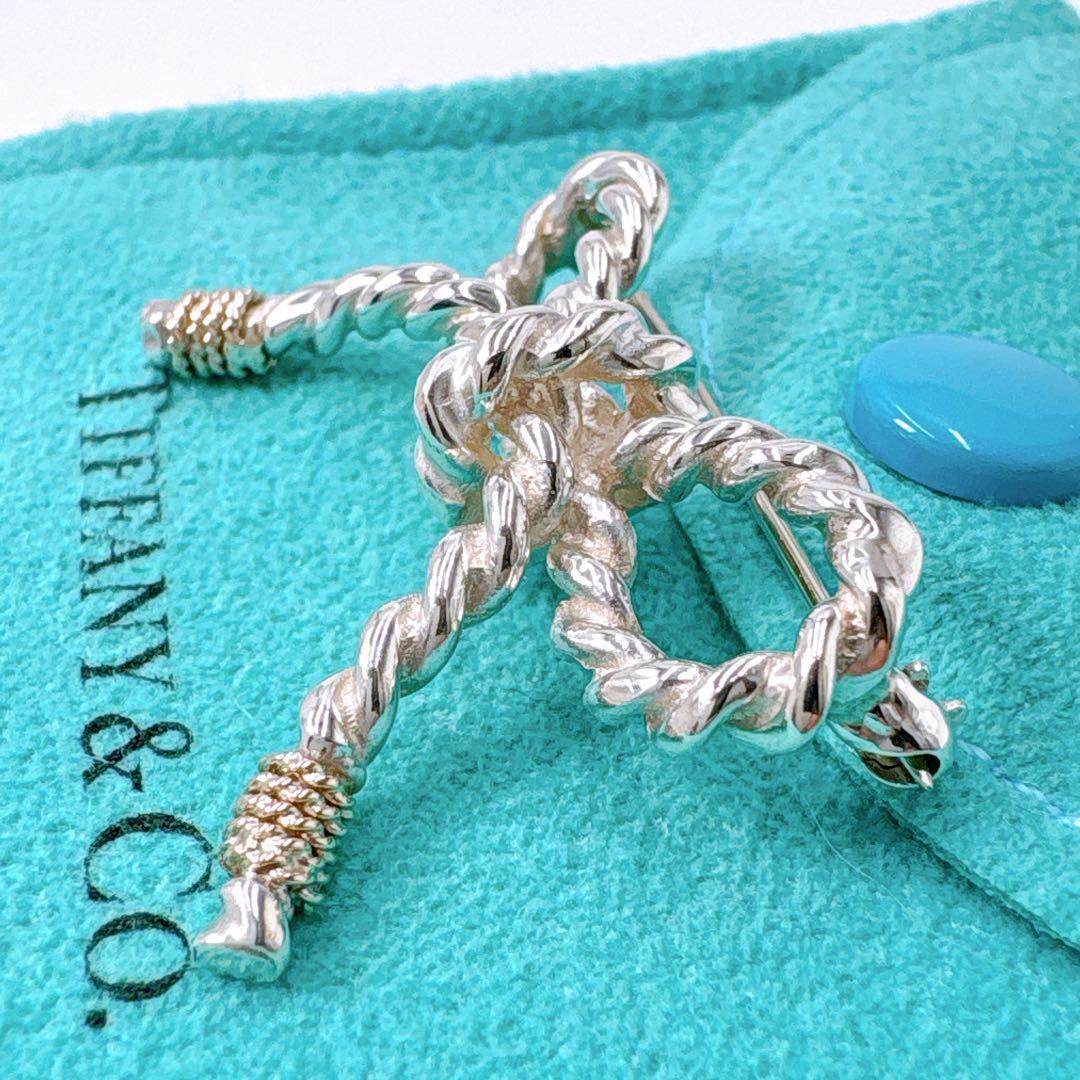 極美品 オールドティファニー ツイストリボン コンビ ブローチ シルバー k14