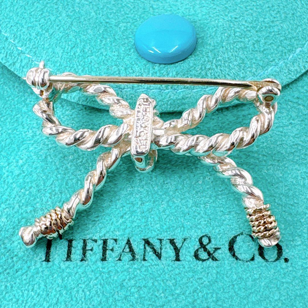 極美品 オールドティファニー ツイストリボン コンビ ブローチ シルバー k14