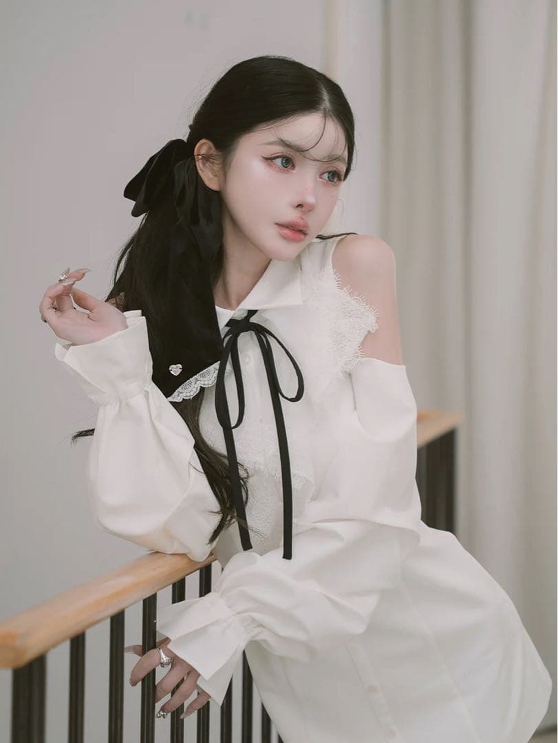 Darich ショルダースカラップフリルシャツミニワンピース ホワイト