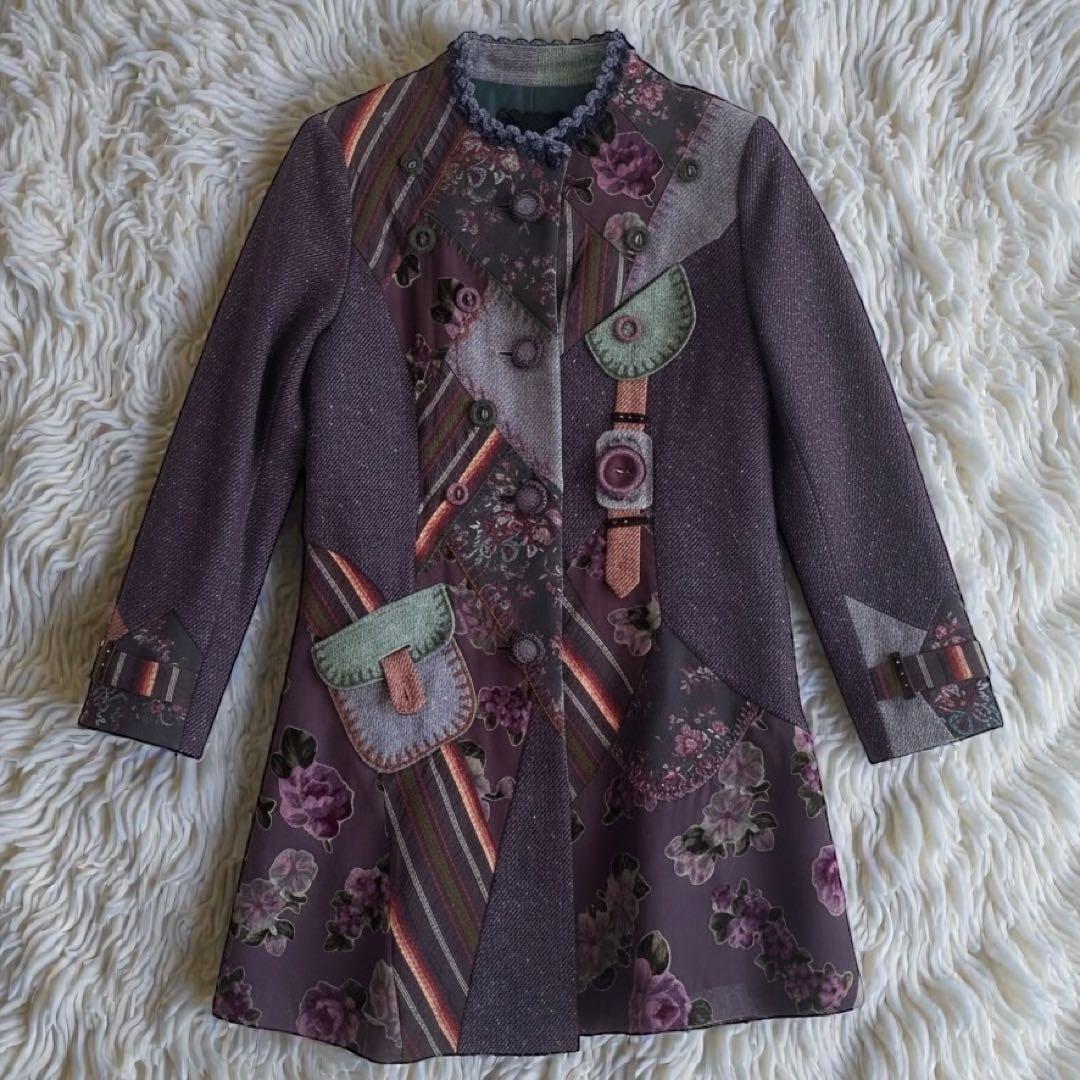 希少★ムッシュ榊 ノンノンドール パッチワーク 刺繍 ウール シルク混 コート