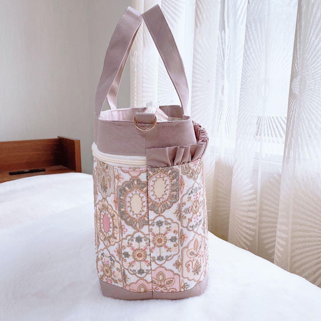 インド刺繍生地 くすみピンク 3ルームフリルトート⑅⿻ ハンドメイド