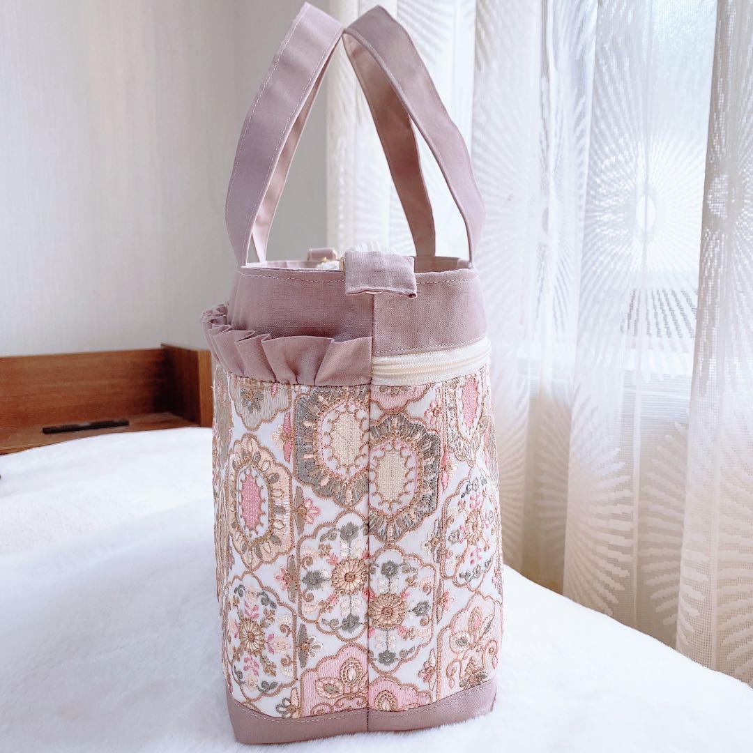 インド刺繍生地 くすみピンク 3ルームフリルトート⑅⿻ ハンドメイド