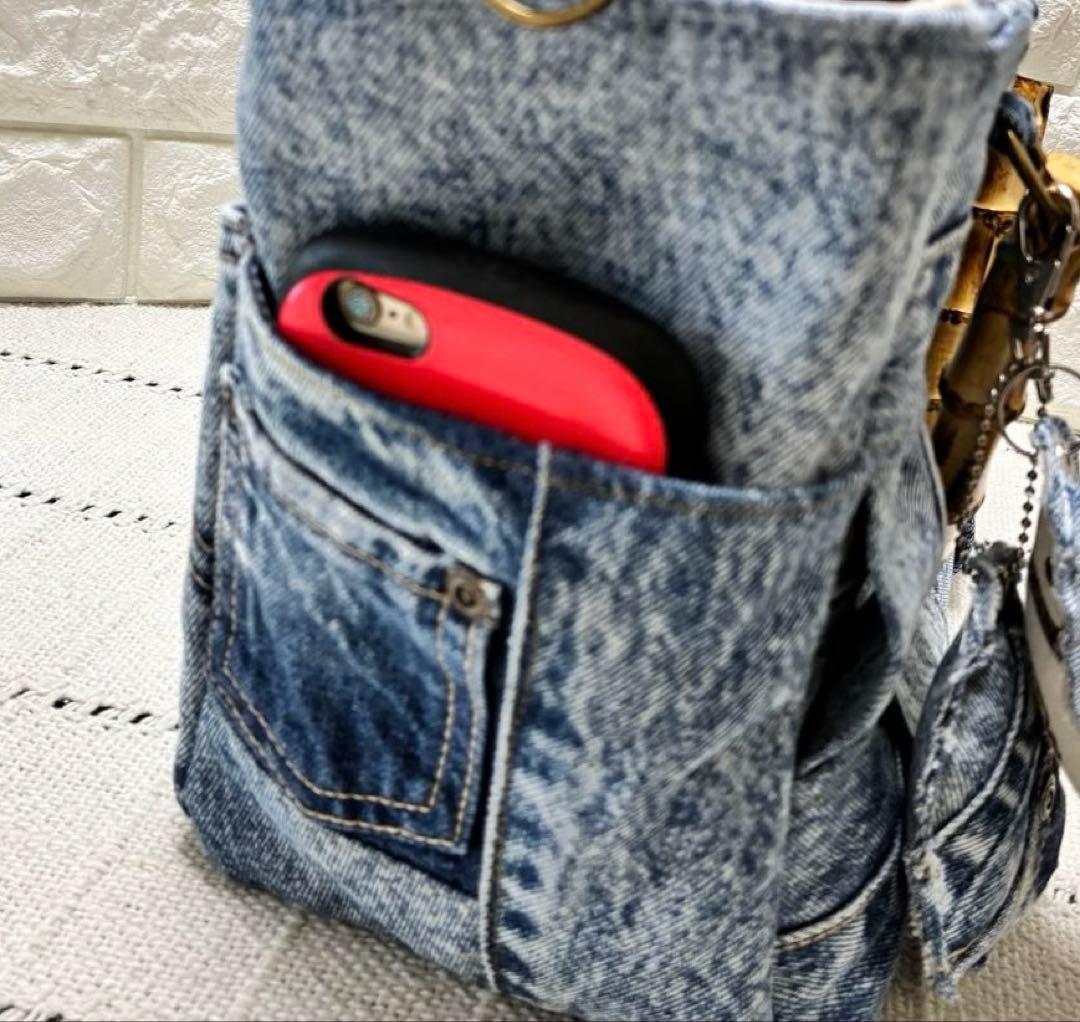 デニムリメイク　編み込みトートバッグ⭐︎バンブー持ち手⭐︎2連ハートチャーム付き