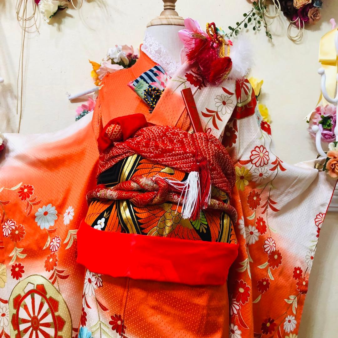 正絹着物七五三7歳‼️オレンジ暈し⭐︎菊雪輪金糸刺繍豪華煌びやか⭐︎安心フルセット