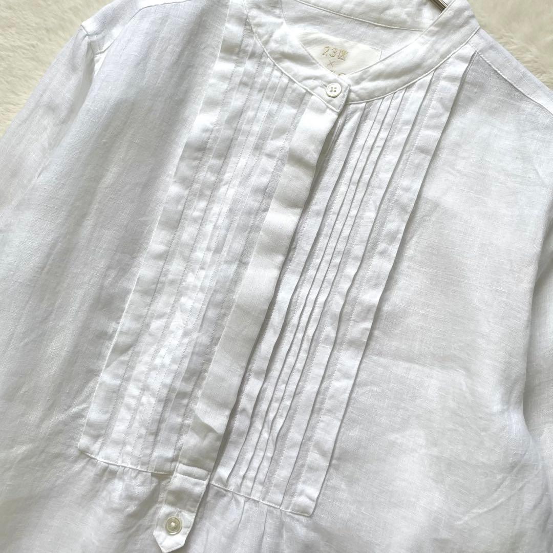 大きいサイズ 23区LIBECOリネンバンドカラーブラウス ピンタック 44白