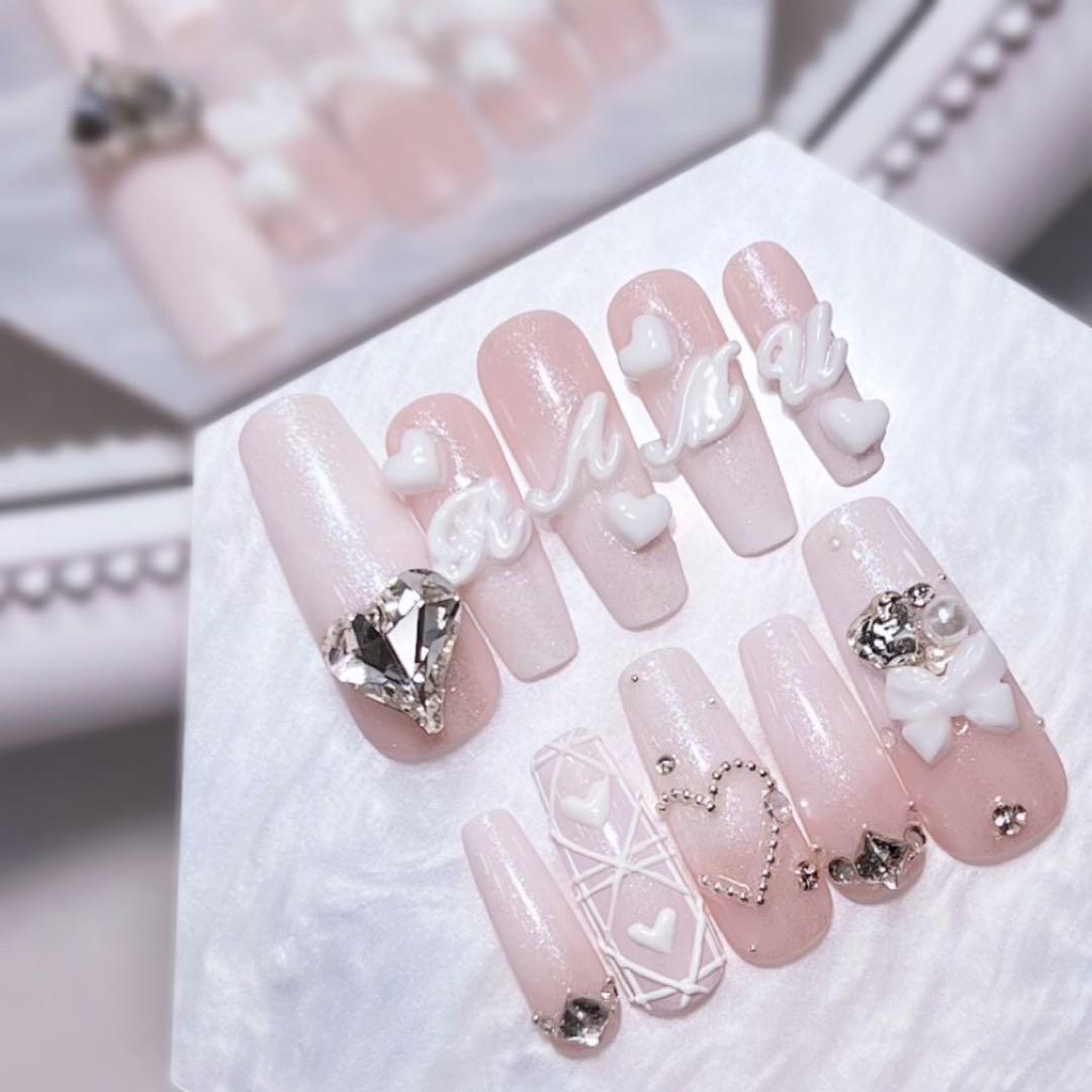 お急ぎ便B♥ ネイルチップ 量産型 現品 韓国 ちゅるん オーダー 緑ネイル 白