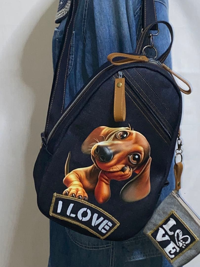 ダックスのプリントイラスト ショルダーバッグ ネイビー