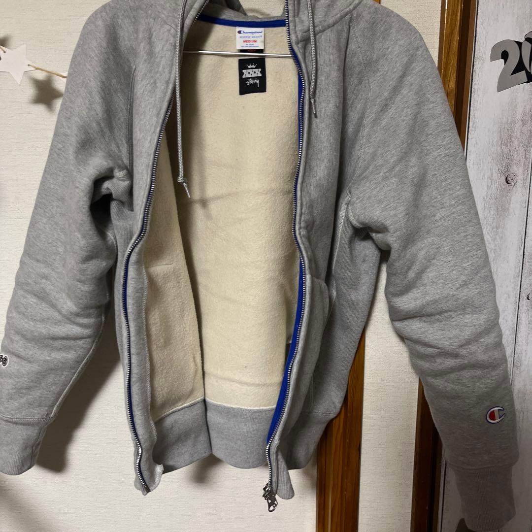 stussy champion コラボ　グレーダブルジップパーカー　厚手　裏起毛