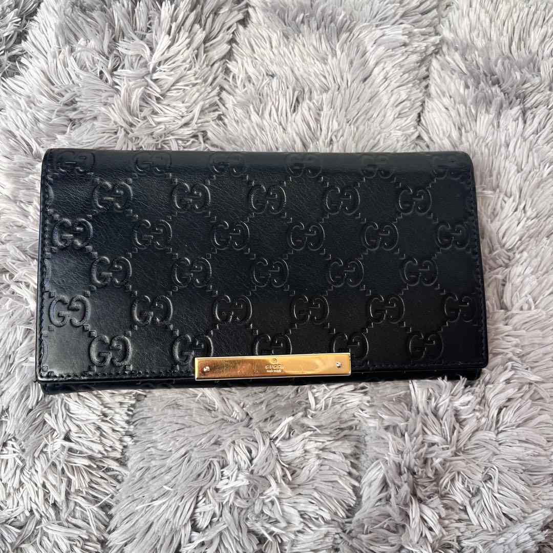 美品✨GUCCI シマ　ロゴプレート　ブラック　メンズ　レザー　長財布