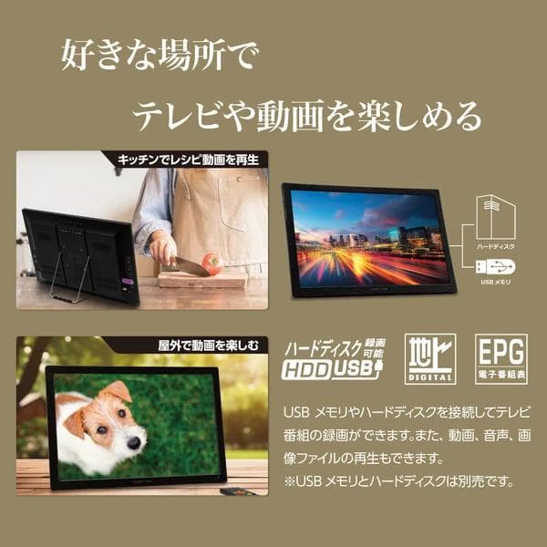 録画機能付き19インチポータブルテレビ 動画、音声、画像の再生もできます。