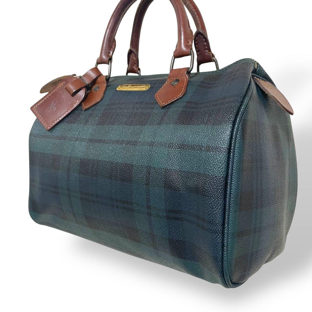 美品 ポロラルフローレン ハンドバッグ ミニボストン グリーン チェック