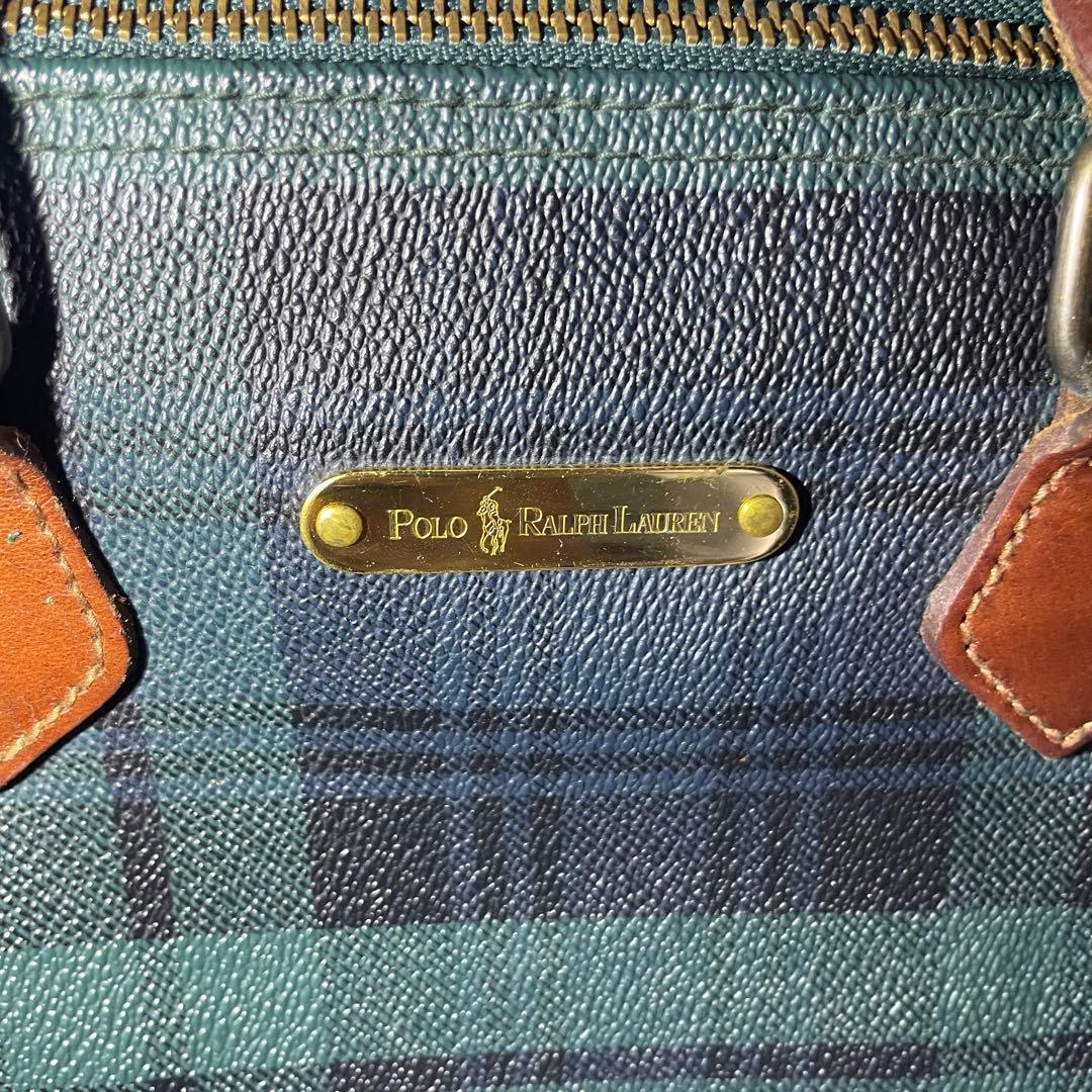 美品 ポロラルフローレン ハンドバッグ ミニボストン グリーン チェック