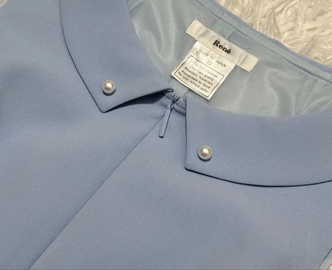 ルネ ノースリーブワンピース ドレス パール 襟つき ストレッチ　水色 32