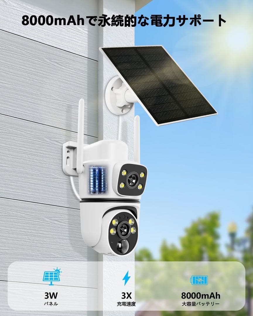 ソーラーパネル付き防犯カメラ2.4G/5G対応双方向通話デュアルレンズ