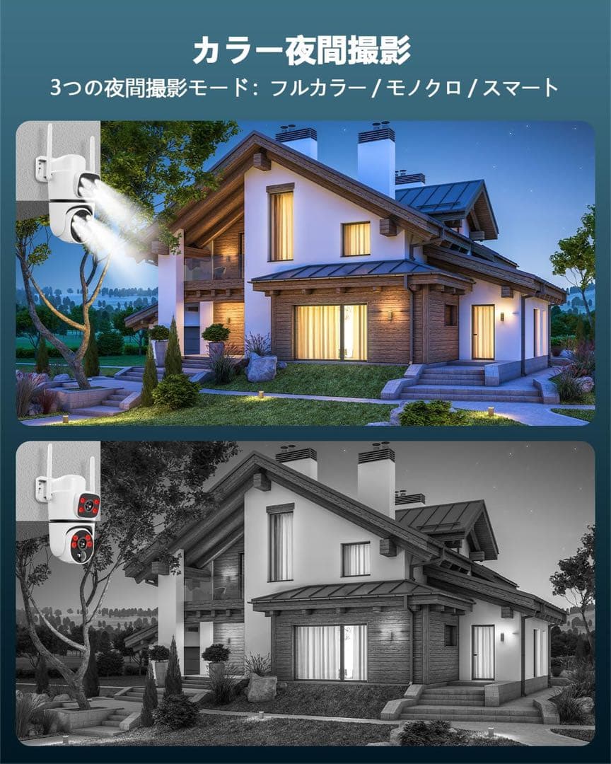 ソーラーパネル付き防犯カメラ2.4G/5G対応双方向通話デュアルレンズ