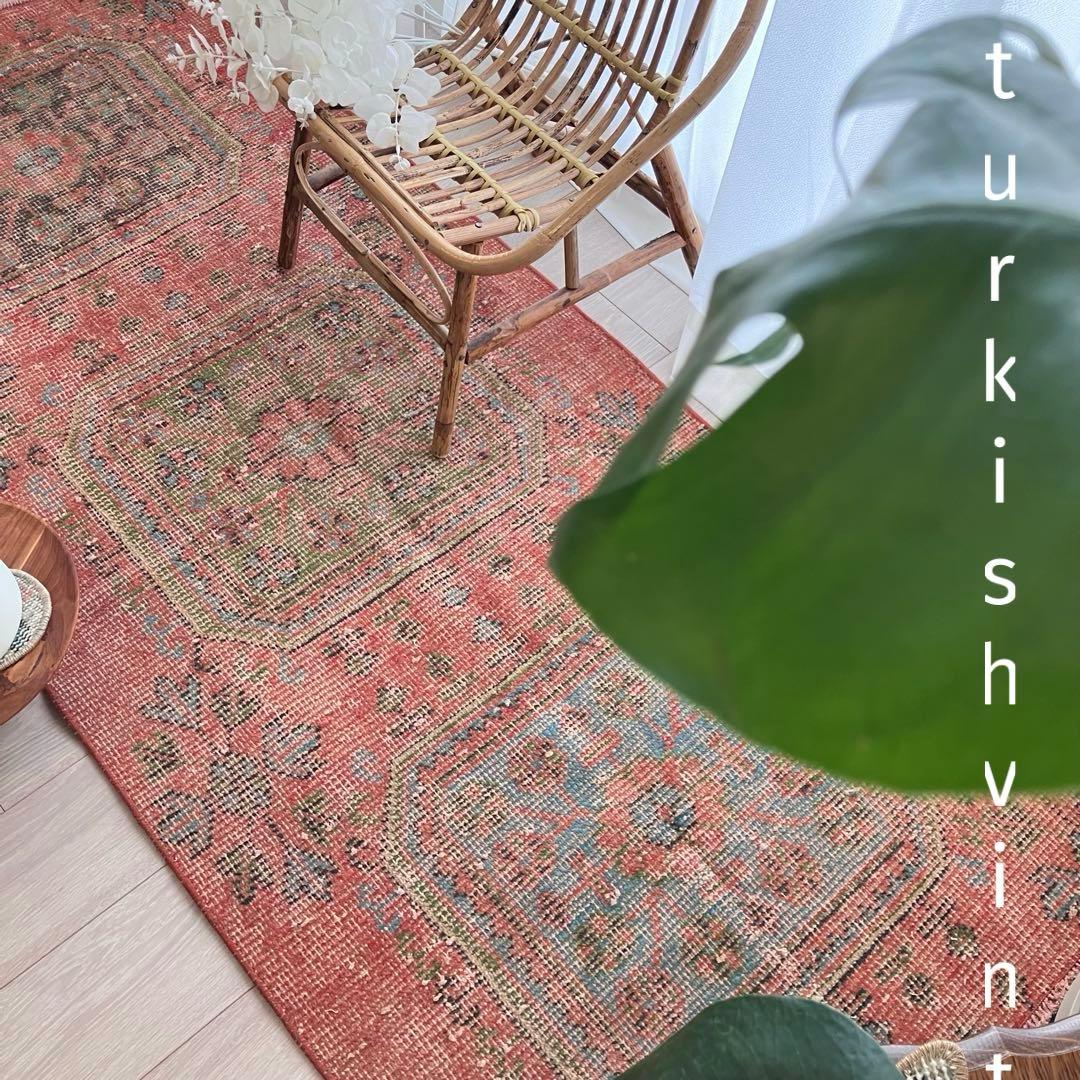 シャビーオレンジ78×190/ 3Box ブルーグリーン　トルコヴィンテージラグ