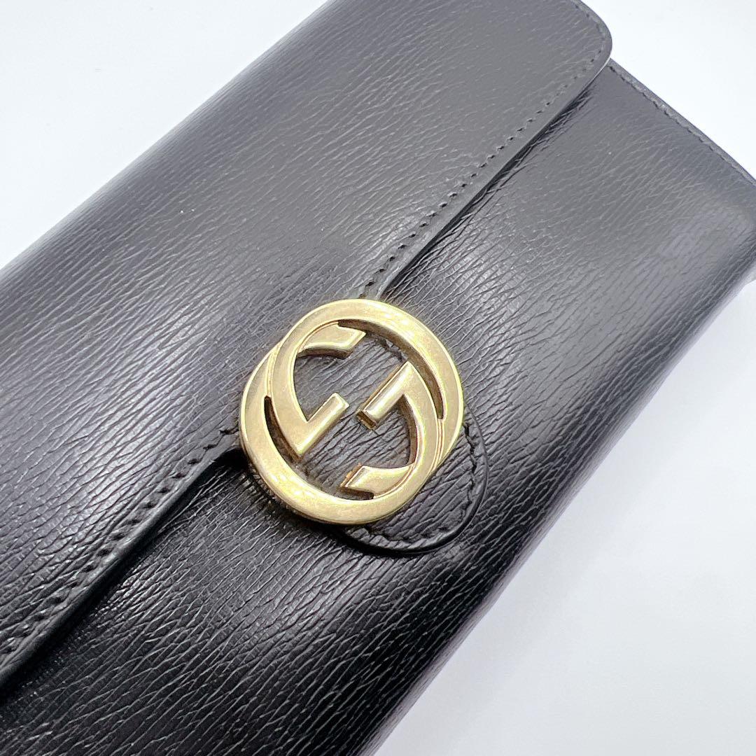 GUCCI インターロッキングG レザー 長財布 ブラック 正規品　シボ革