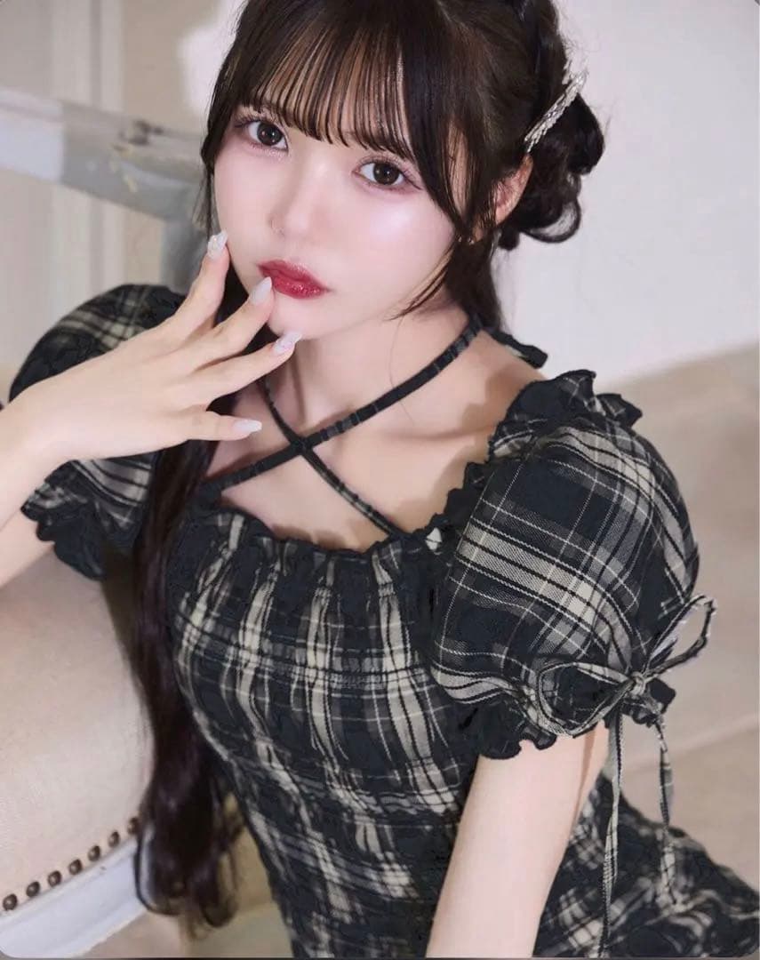 ミシェルマカロン シャーリングチェックミニワンピース フリーサイズ