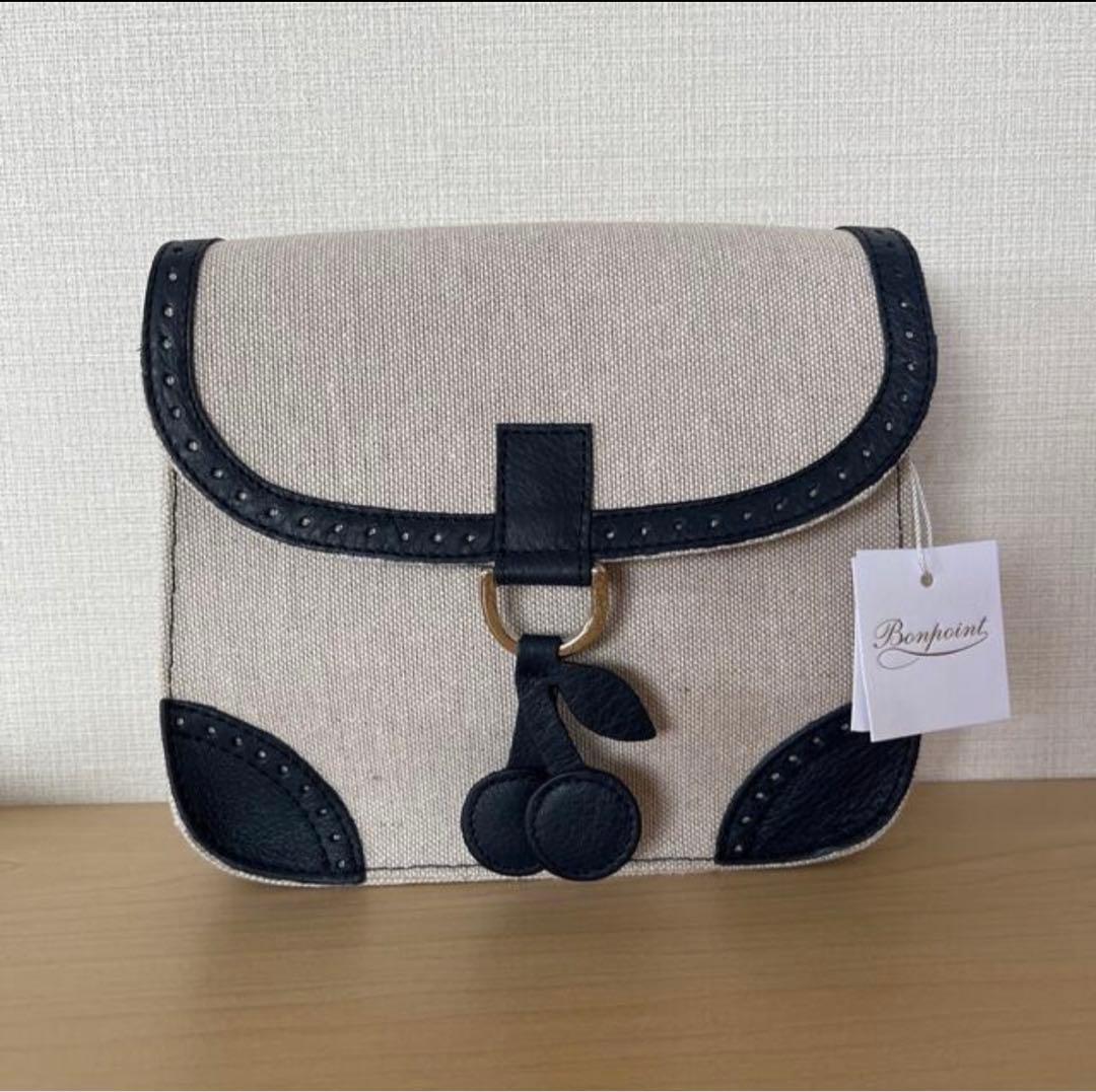 新品タグ付き　ボンポワン　完売品　レザー＆コットンバッグ　ネイビー