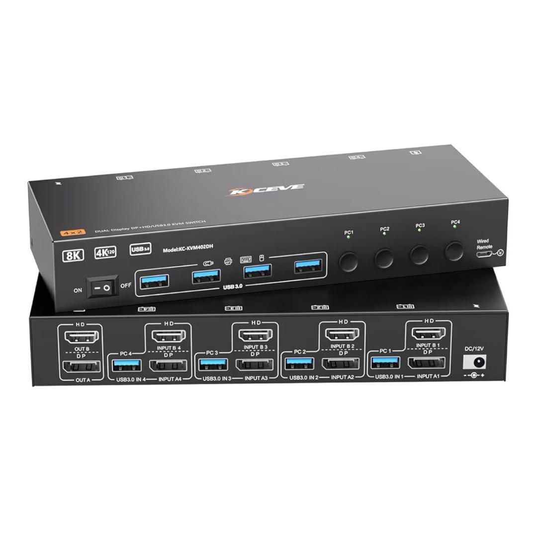 KCEVE 8K@60Hz USB3.0 KVM切替器 4入力2出力