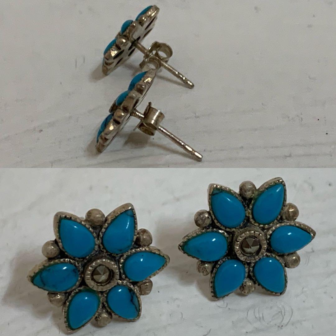 VINTAGE SILVER 925刻印 ターコイズ マーカサイト装飾 ピアス