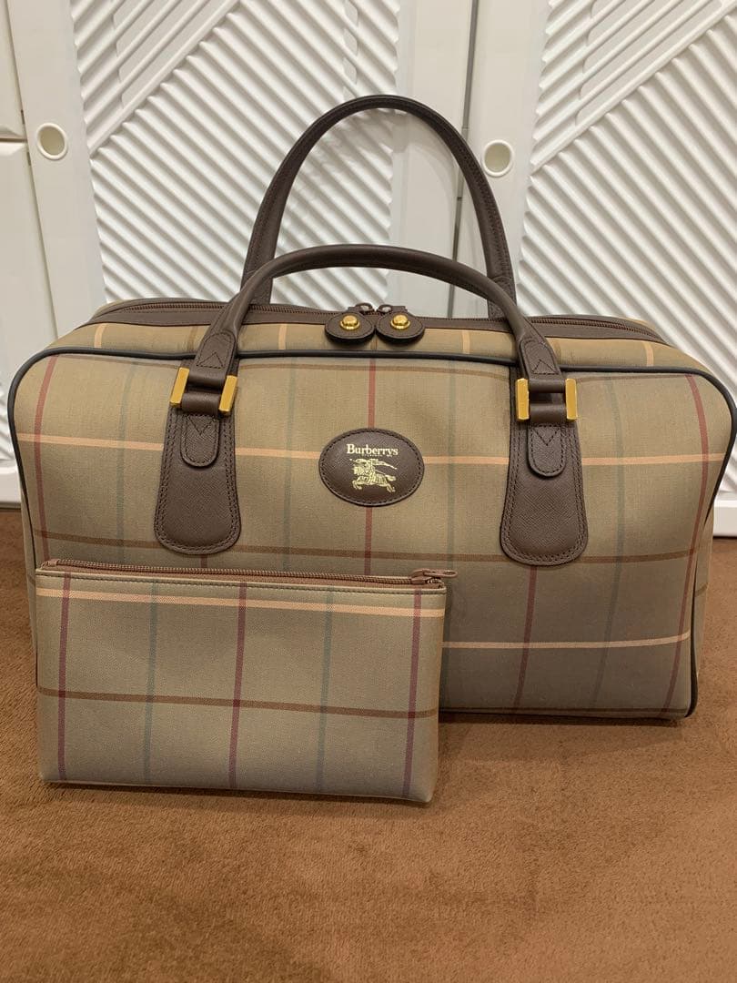 美品 バーバリー ボストンバッグ タマムシ チェック レザー 旅行かばん 大容量