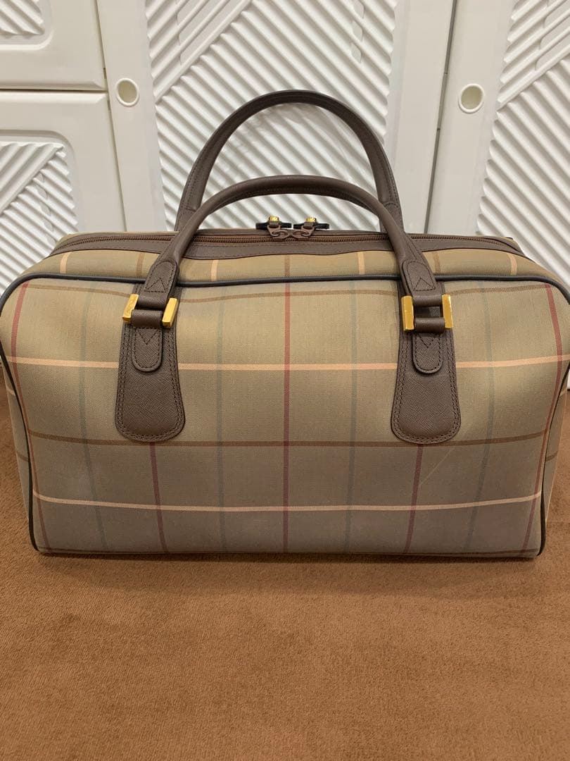 美品 バーバリー ボストンバッグ タマムシ チェック レザー 旅行かばん 大容量