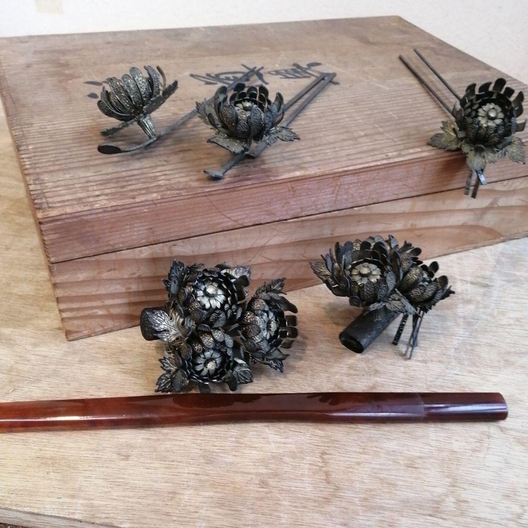 アンティーク　かんざし　花魁かんざし　簪　こうがい　彫金　鼈甲　骨董　木箱　希少