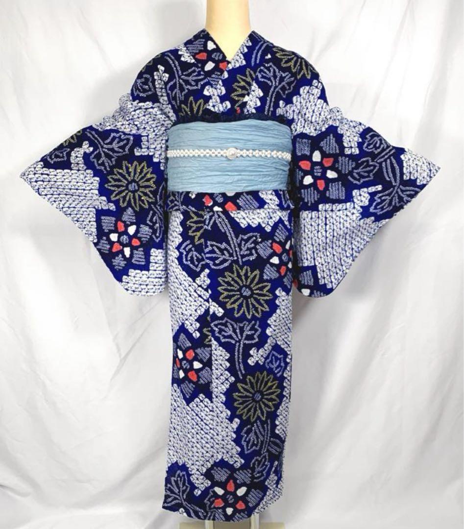 〇405mk84〇有松鳴海絞り 浴衣 蜘蛛絞り 花 木綿 居敷当て付き〇状態良好