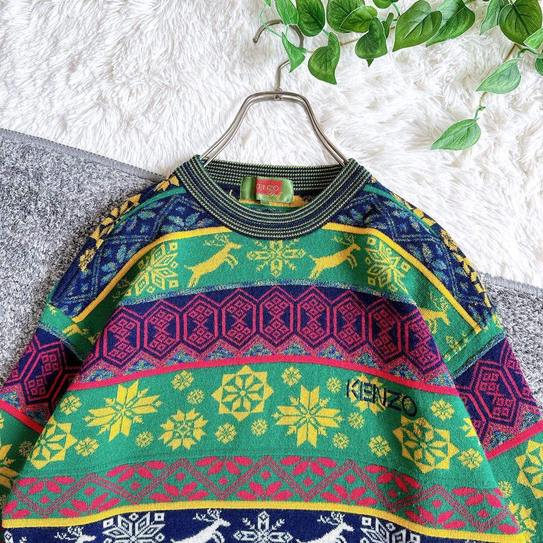 希少　美品　オールド　ケンゾー　総柄 ニット　切り替え　刺繍ロゴ　ウール混
