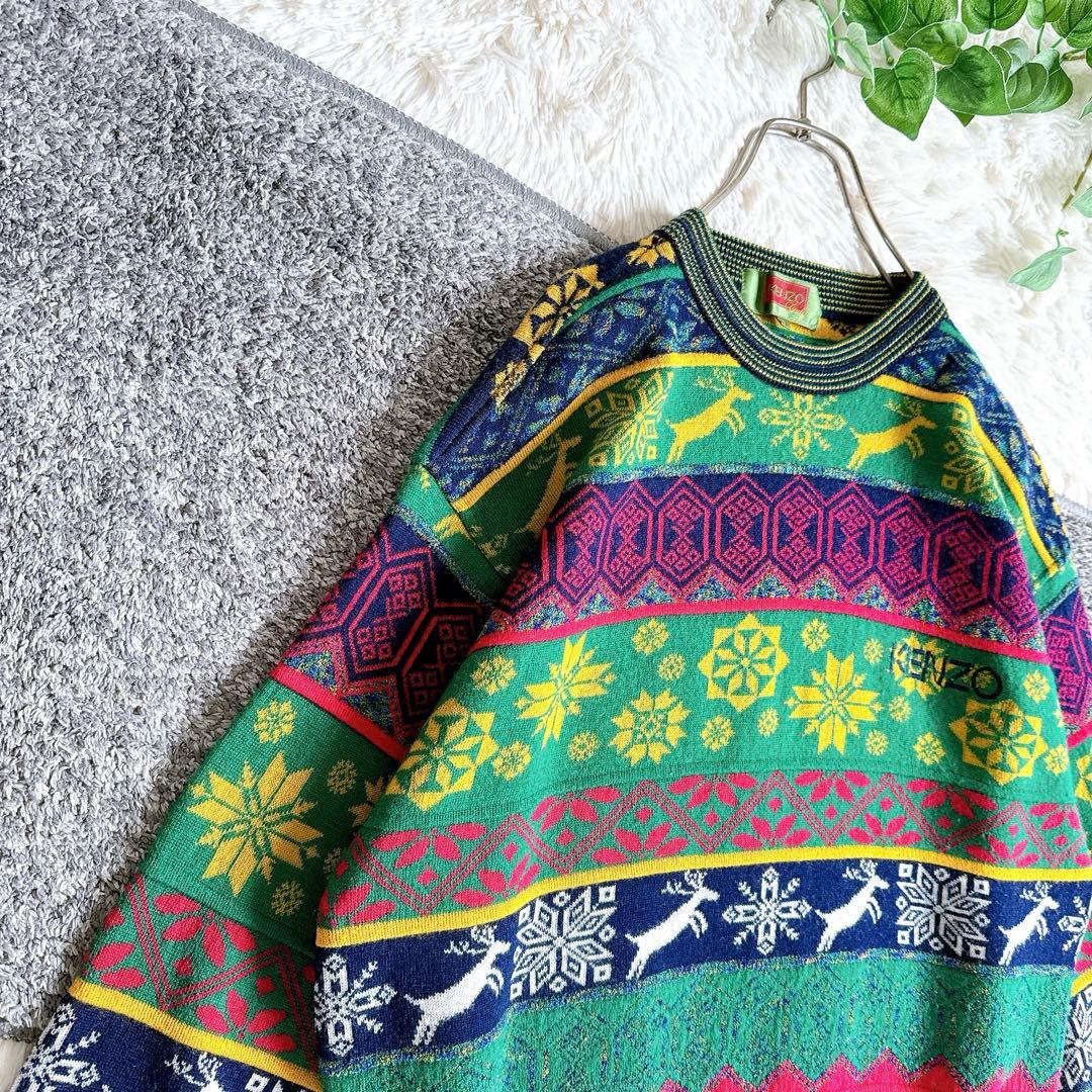 希少　美品　オールド　ケンゾー　総柄 ニット　切り替え　刺繍ロゴ　ウール混