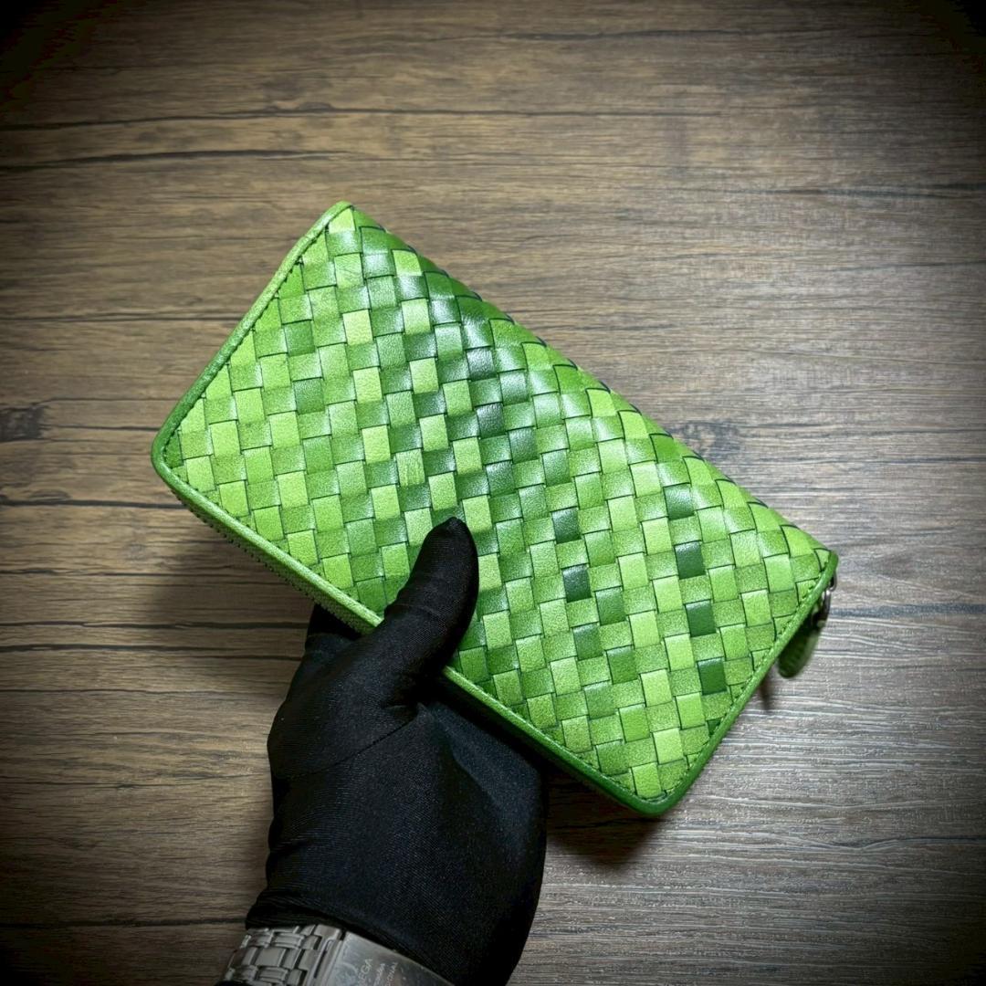 シープスキン イントレチャート 長財布 編み込み 大容量 羊革 グリーン 緑