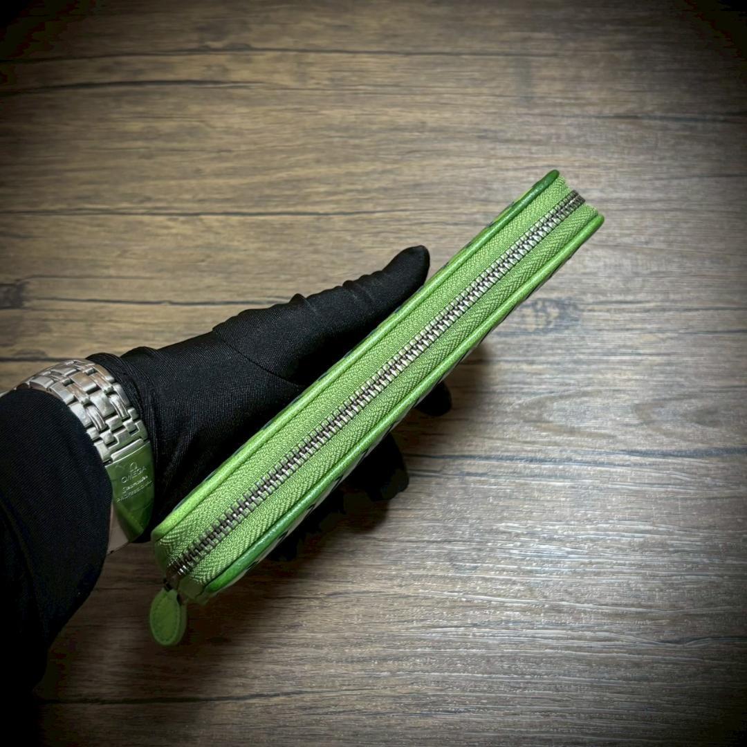 シープスキン イントレチャート 長財布 編み込み 大容量 羊革 グリーン 緑