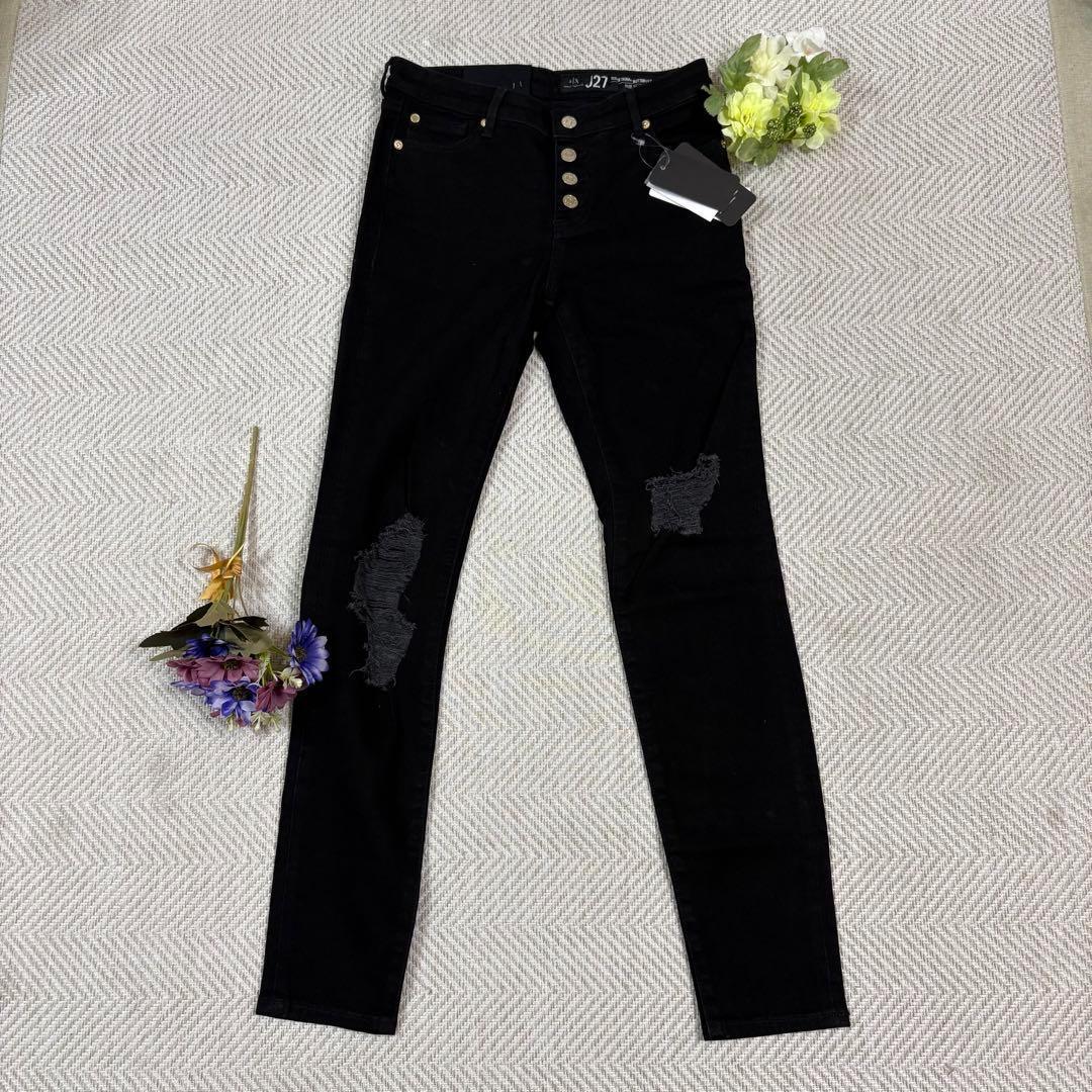 新品タグ付✨❤️アルマーニエクスチェンジ❤️ダメージスキニーブラックデニム 26 黒